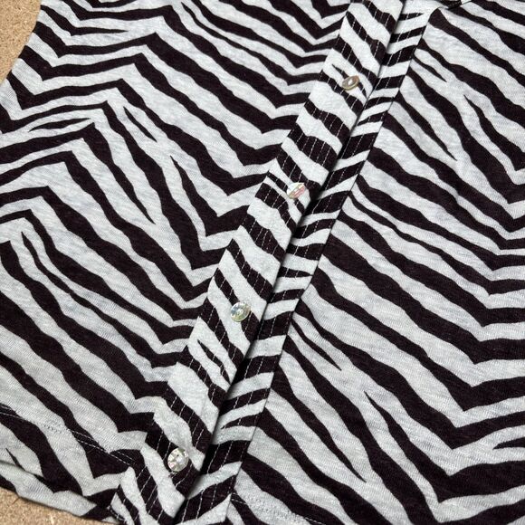 Tahari size M button front top 100% linen brown zebra print short sleeve A2 - Picture 3 of 6